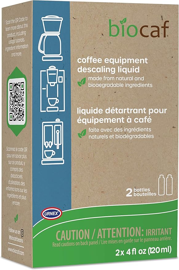 Urnex Biocaf Coffee and Espresso Descaling Solution 4 Ounce (2 Single Use Bottles) Safe to use with Keurig, Delonghi, Nespresso, Ninja, Hamilton Beach, Mr Coffee, Braun