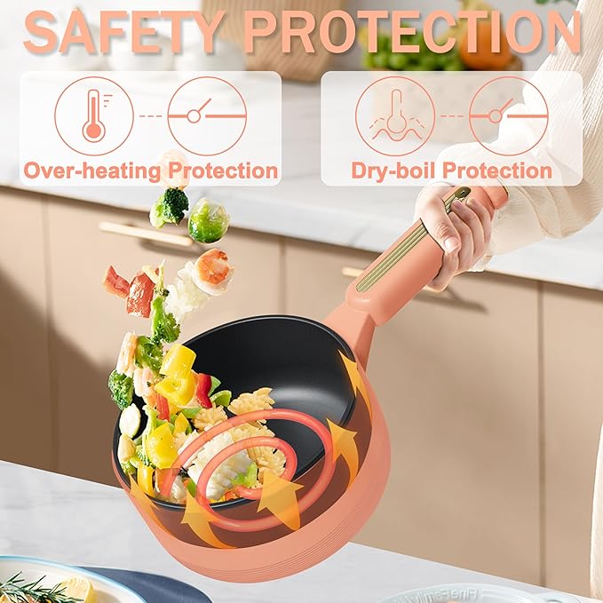 TOPWIT Hot Pot Electric with Steamer, ?윇?릩 Electric Pot, Non-Stick Portable Cooker, Portable Pot, Saut챕 Pan for Steak, Egg, Ramen, Soup with Dual Power Control (Silicone Spatula Included), Peach