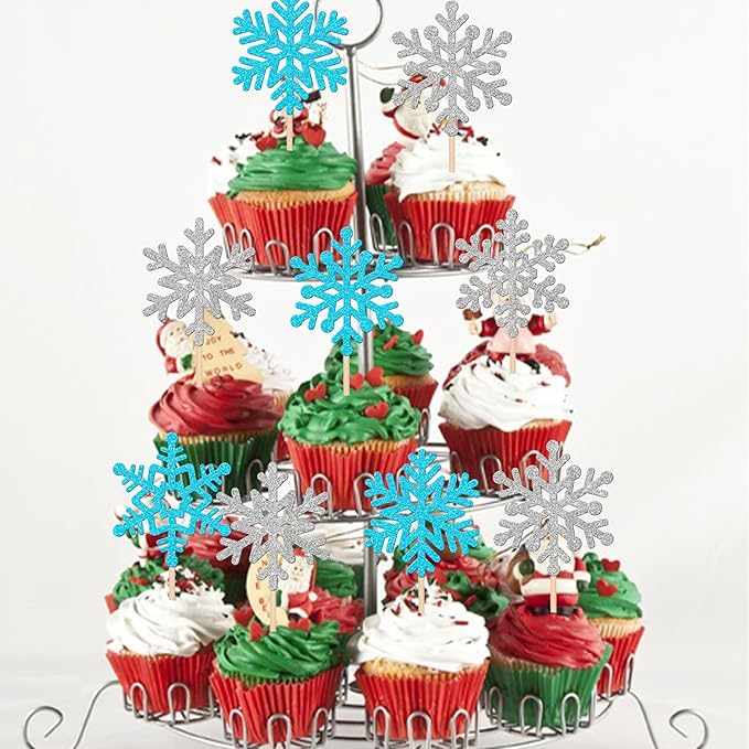 24 PCS Snowflake Cupcake Toppers Glitter Frozen Snowflake Cupcake Picks Winter Wonderland Cake Decorations for Winter Frozen Theme Baby Shower Kids Birthday Christmas Party Supplies Silver Blue