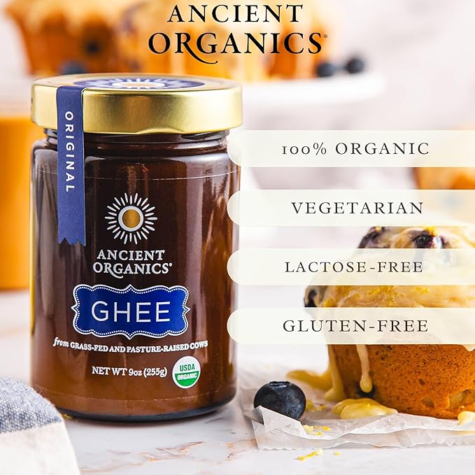 Ancient Organics Ghee - Organic Grass Fed Ghee Butter, Gluten Free, Clarified Butter, Vitamins & Omegas, Lactose Reduced, Kosher, USDA Certified - 9 Oz (Pack of 2)