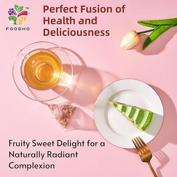 FOODHO Fruit & Herbal Tea Blend for Beauty – With Strawberry, Red Dates, Goji Berries & Chrysanthemum – Caffeine Free, Sugar Free, 10 Sustainable Tea Bags