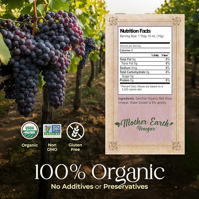 Mother Earth, Organic Red Wine Vinegar with The Mother, Fresh Pressed Organic Cabernet Grapes, ORWV, RWV, Raw, Unpasteurized, Unfiltered (1/16oz Glass Bottle)