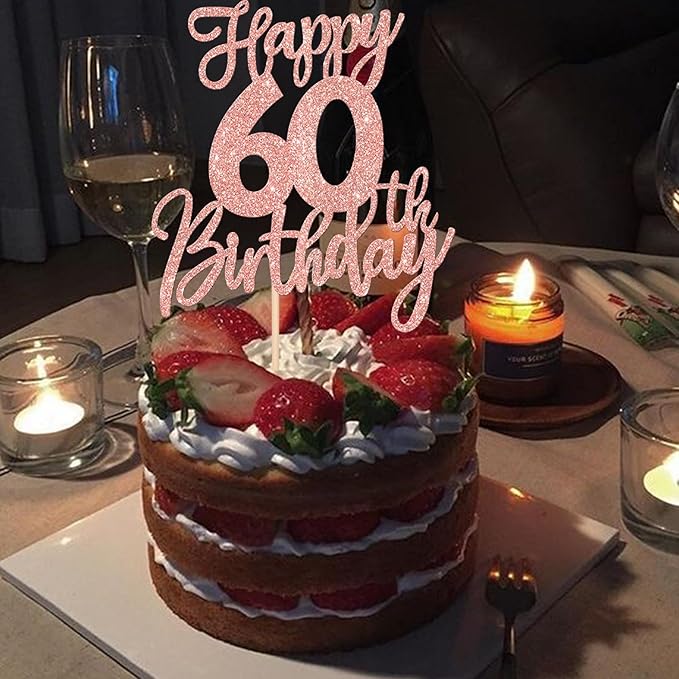 1 PCS Happy 60th Birthday Cake Topper Glitter Cheers to 60 Years Birthday Cake Pick Sixty Hello 60 Fabulous Cake Decoration for Happy 60th Birthday Anniversary Party Supplies Rose Gold