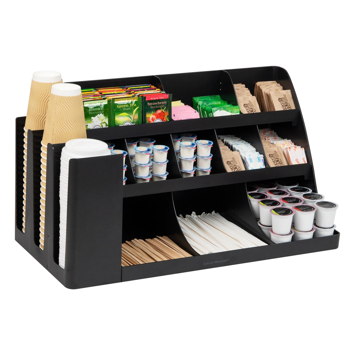 Mind Reader Large Cup and Condiment Station, 14-Compartment Countertop Coffee Organizer for Cups