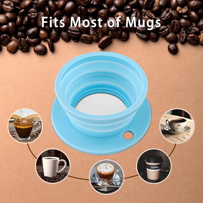 2 Pieces Paperless Travel Pour Over Coffee Maker with Stainless Steel Coffee Filter - Camping Pour Over Coffee Maker Set - Collapsible Travel Pour over Coffee Dripper Kit Single Cup (Black+Blue)