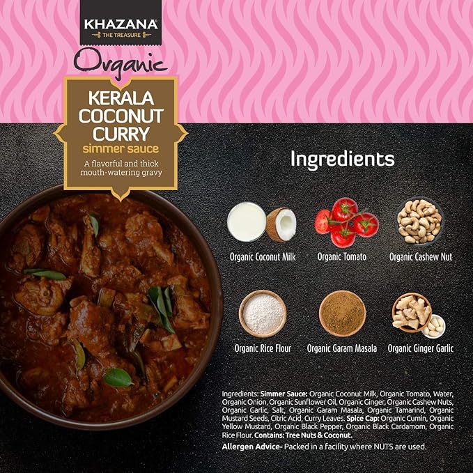 Khazana ORGANIC Kerala Coconut Curry Indian Simmer Sauce - 12.7oz Jars | Non-GMO, Vegan, Gluten Free, Kosher | Authentic Indian Meals Made Easy at Home!