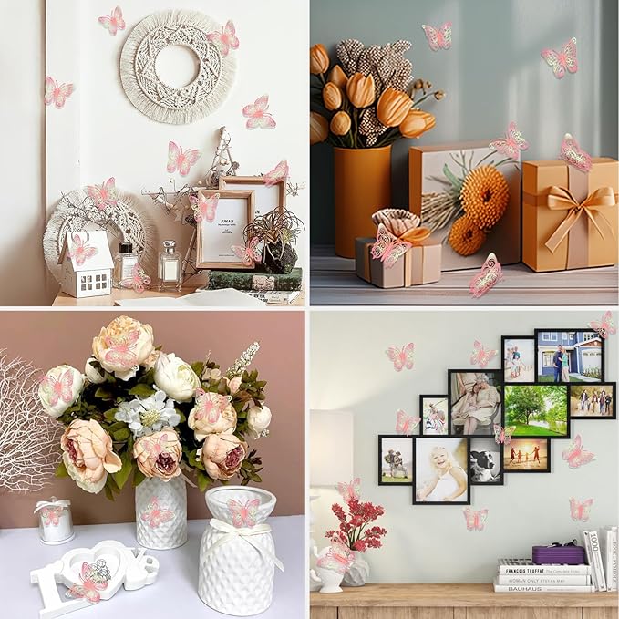 72 Pcs Butterfly Decorations, Wall Decor, Butterflies for Crafts, Cake Decorating, Wall Stickers Room Decor, Laser Pink(Polarised Green)