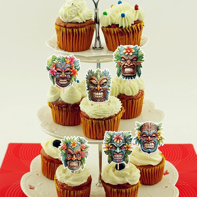 Rsstarxi 36 Pack Hawaii Tiki Cupcake Toppers Tiki Tribal Masks Cupcake Picks Hawaiian Tropical Tiki Totem Themed Party Cake Decorations for Summer Aloha Tropical Birthday Party Supplies