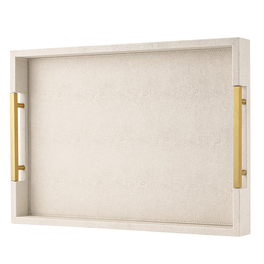 Beige Faux Leather Serving Tray with Handles – Large Decorative Tray for Coffee Table, Ottoman