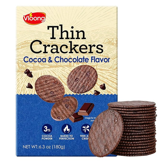 Vloong Cocoa & Chocolate Sweet Snack Cracker, Baked Crisp Cookie Thins with No Artificial Flavors, Healthy Snacks (1 Pack, 6.3 Ounce)