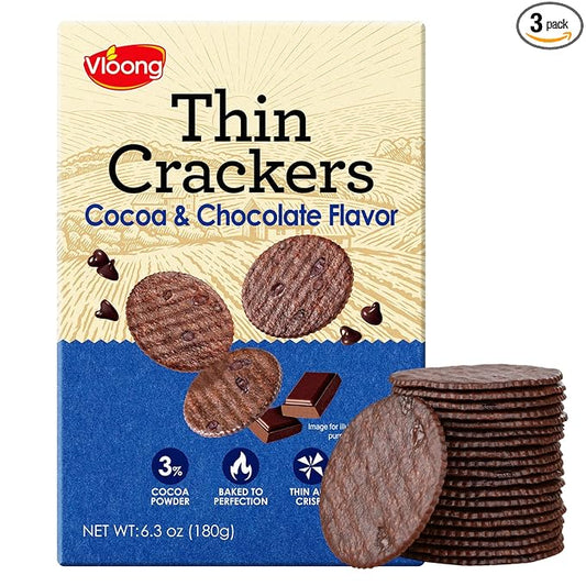Vloong Cocoa & Chocolate Sweet Snack Cracker, Baked Crisp Cookie Thins with No Artificial Flavors, Healthy Snacks (3 PACK,18.9 Ounce)
