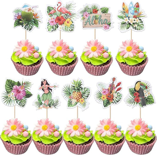 Rsstarxi 36 Pack Tropical Hawaii Cupcake Toppers Tropical Flamingo Guitar Hula Aloha Cupcake Picks for Summer Hawaii Luau Beach Theme Baby Shower Wedding Birthday Party Cake Decorations