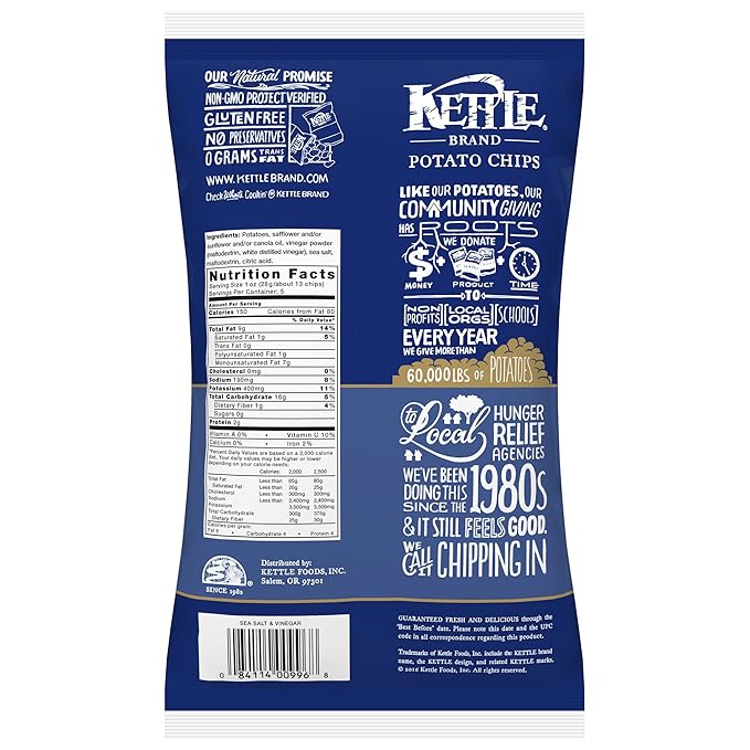 Kettle Brand Potato Chips, Sea Salt and Vinegar, 5 Ounce Bags (Pack of 8)
