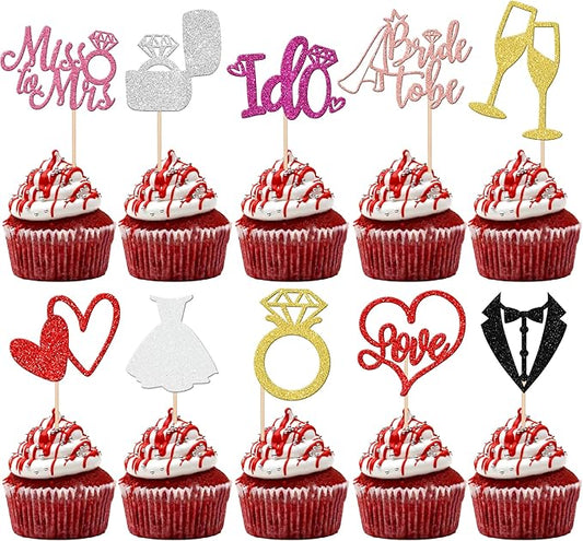 30 PCS He Asked She Said Yes Cupcake Toppers Glitter Engagement Cupcake Toppers Miss to Mrs I Do Love Heart Ring Miss to Mrs Cupcake Picks for Wedding Engagement Party Cake Decorations Supplies Multi