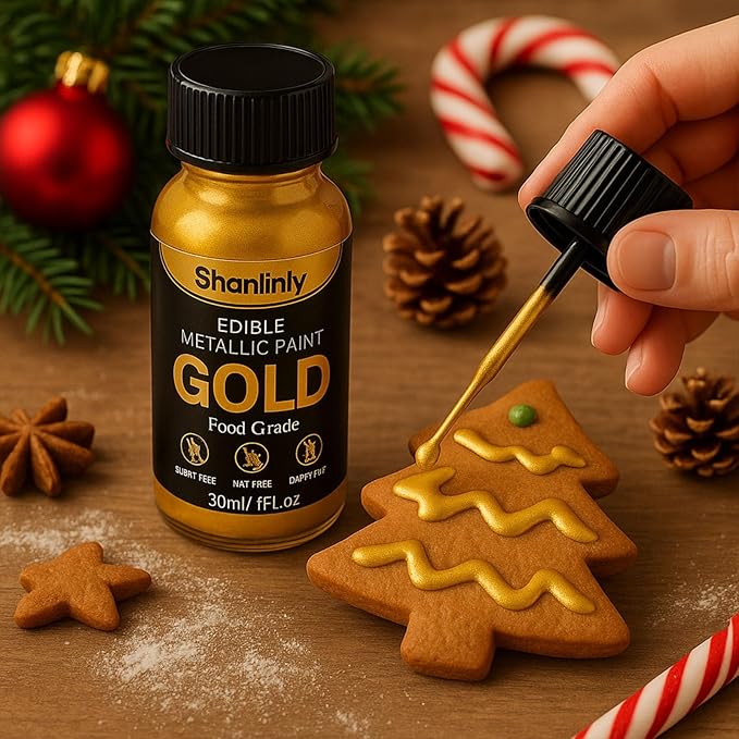 Shanlinly Gold Edible Luster Dust - 30ml Liquid Edible Cake Paint Gold Metallic Food Coloring, Perfect for Art Decorative Shimmer Cake Decorating, Cookies,Cupcakes,Cocktails,Wedding,Birthday