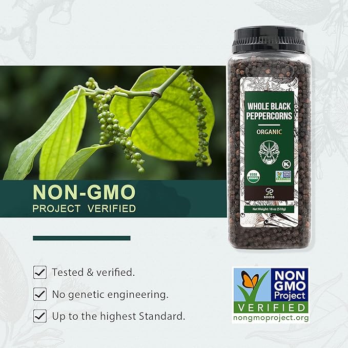 Soeos Organic Black Peppercorns, 18oz (Pack of 1), Non-GMO, Kosher, Packed to Keep Peppers Fresh, Peppercorn for Grinder Refill, Whole Peppercorns