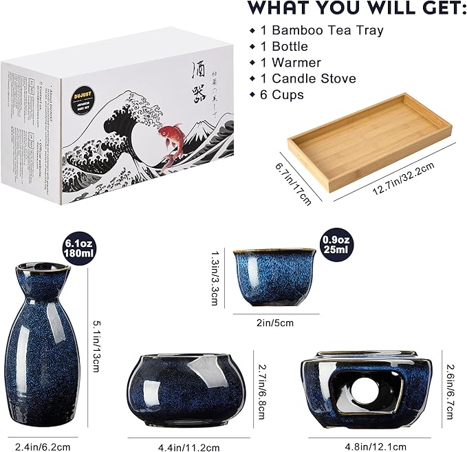 DUJUST 10 pcs Japanese Sake Set with Warmer for 6, Kiln Altered Glaze Porcelain Sake Set, 6 Sake Cups, 1 Sake Bottle, 1 Warmer, 1 Candle Stove, 1 Tray&1 Box, Warm Sake Carafe, Japanese Gifts- Darkblue