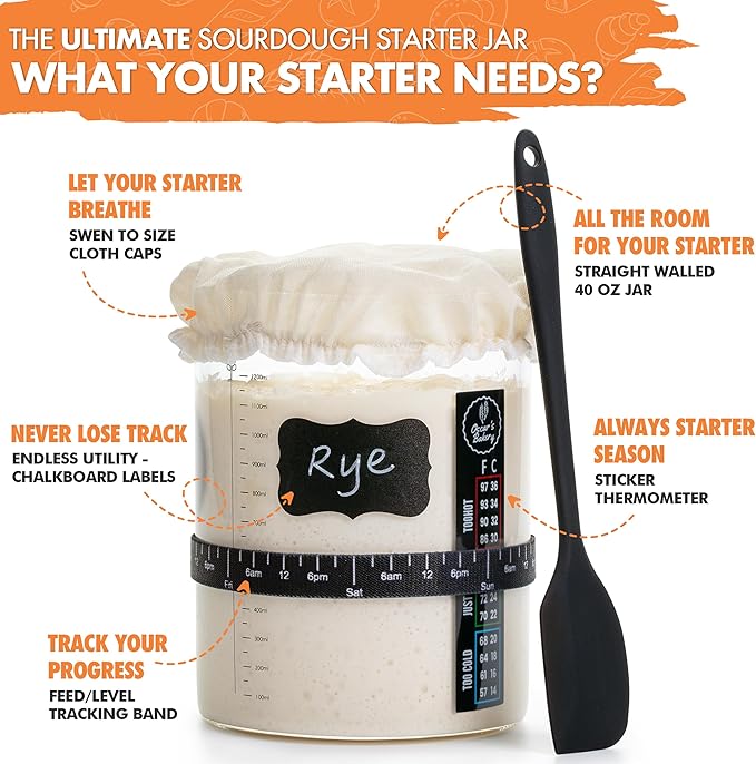 Oscar's Bakery Sourdough Starter Jar Kit ??Sour dough Glass Crock with Lid, 40 oz, Includes Accessories & Recipe, Large Sourdough Jar for Bread Baking Supplies