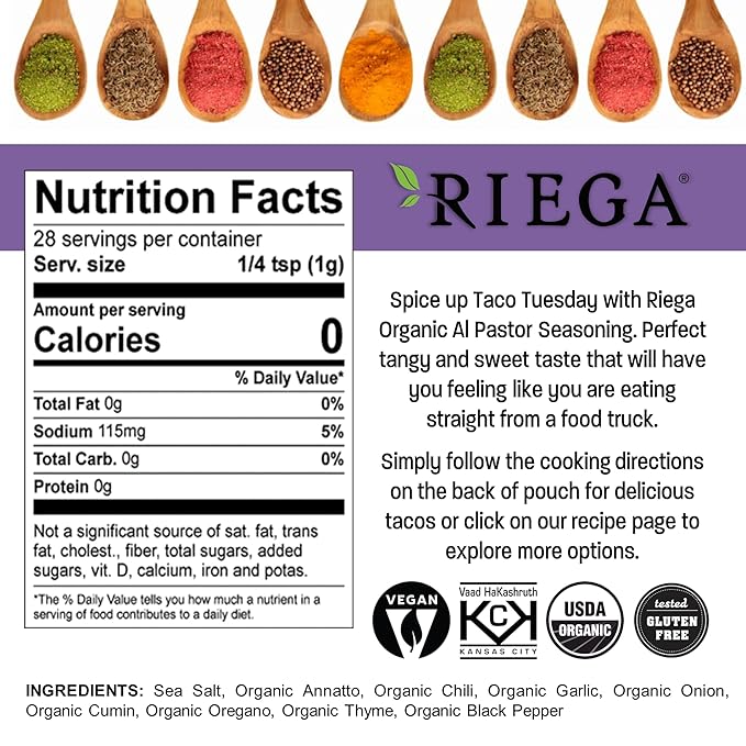 Riega Organic Al Pastor Street Taco Seasoning – Traditional Mexican Pork Taco Spice Mix for Grilling or Oven – 1 oz (Pack of 8)