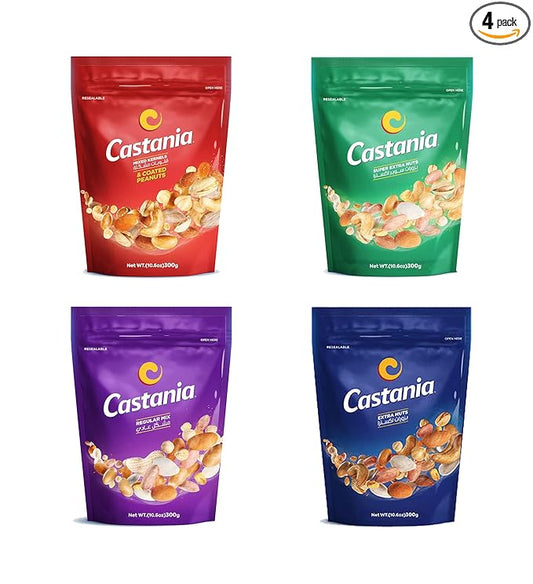 Castania BBQ Lebanese Nuts Variety Pack: Extra Mix, Mixed Nuts with Kri Kri, Super Extra Nuts, Regular Mix - 10.6 oz Pack of 4