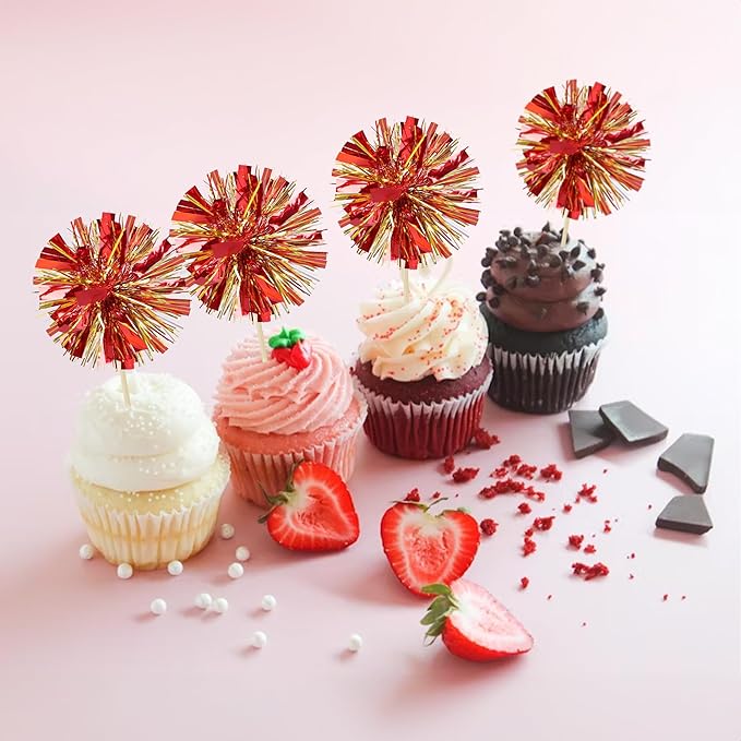 Ephlyn 30Pcs Foil Firework Cupcake Toppers Sparkle Tinsel Drink Birthday Cake Decorations Cocktail Food Fruit Toothpick for New Years Wedding Birthday Party Decorations Gold Red