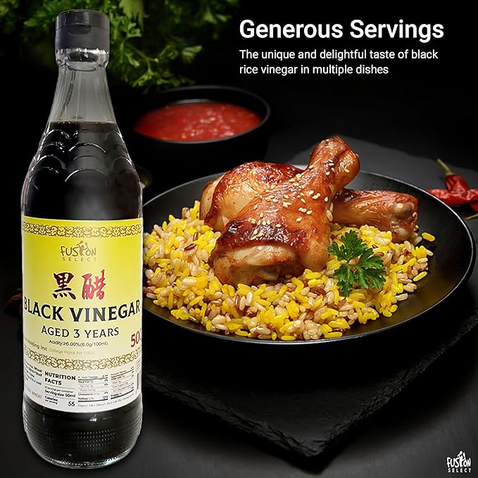Fusion Select 500ml Chinese Black Vinegar - Authentic Chinkiang Black Vinegar for Cooking, Sauces, Dressings - Zero Artificial Color & Flavors - Aged for 3 years - Kitchen Condiments & Ingredients