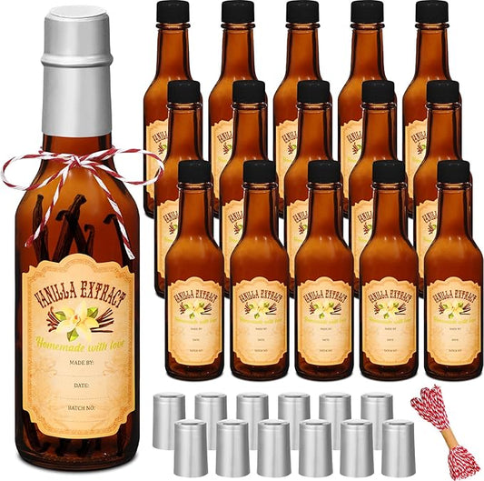 Tioncy 16 Pcs Vanilla Extract Bottles for Homemade Vanilla Jar Glass Bottle with Cap, Shrink Band, Sticker Syrup Gift Food Storage Canister for Bean Sauce Spice(Brown, Silver,5 oz)