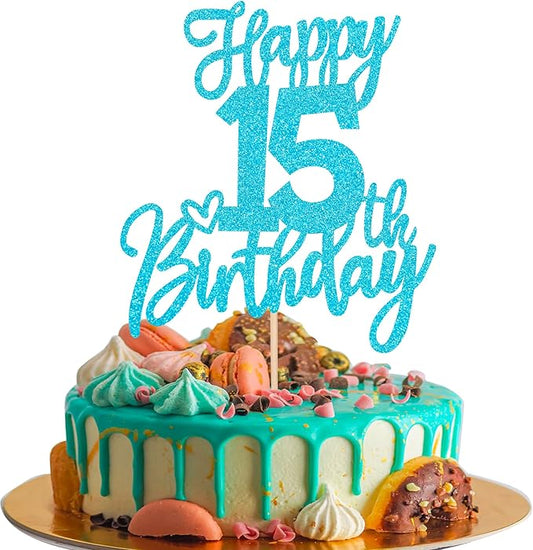 1 PCS Happy 15th Birthday Cake Topper Glitter Cheers to 15 Years Birthday Cake Pick Sweet 15 Fabulous Cake Decoration for Happy 15th Birthday Anniversary Theme Party Decorations Supplies Blue
