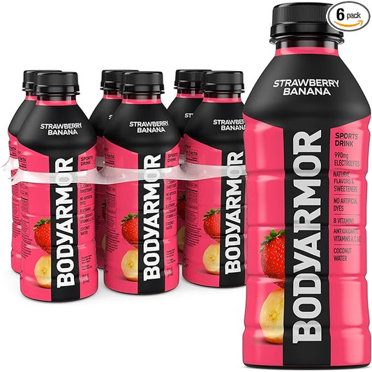 BODYARMOR Sports Drink Sports Beverage, Strawberry Banana, Coconut Water Hydration, Natural Flavors With Vitamins, Potassium-Packed Electrolytes, Perfect For Athletes, 20 Fl Oz (Pack of 6)