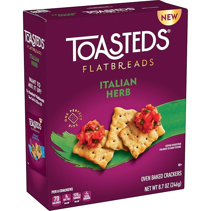 Toasteds Flatbreads Crackers, Party Snacks, Lunch Snacks, Italian Herb (12 Boxes)