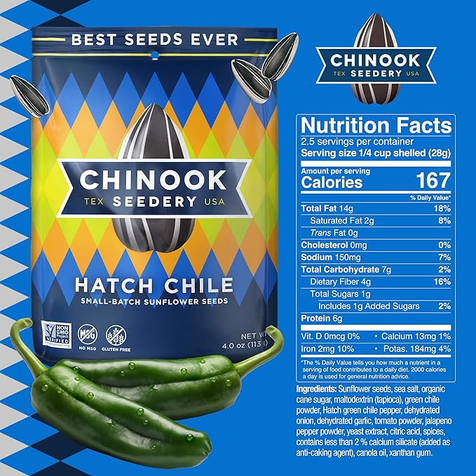 Chinook Seedery Roasted Jumbo Sunflower Seeds - Keto Snacks, Gluten-Free, Non-GMO, Hatch Chile Flavor 4 oz (12-Pack)