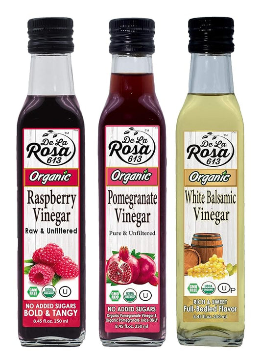De La Rosa Raspberry, Pomegranate & White Balsamic Vinegar, Vegan, Kosher, Non-GMO & Gluten Free, Great for Salad Dressing & More 8.45 Oz (Pack of 3)