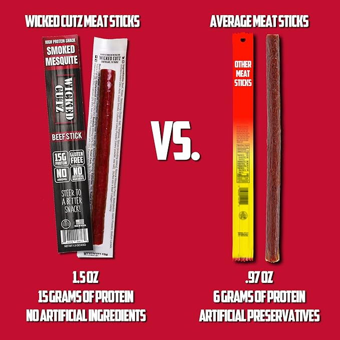 Wicked Cutz Smoked Mesquite Beef Sticks, 15g Protein Per Beef Stick, Tender & Juicy Extra Large Meat Stick, USA Made High Protein Meat Sticks, Carnivore Snacks (12 Pack)