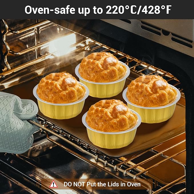 EUSOAR Disposable Ramekins, 25pcs 9oz Gold Creme Brulee Cups Cupcake Liners Holiday, Aluminum Pans with Lids Bakery Flan Bread Pie Tart Brownie Round Holders for Wedding Birthday Theme Party