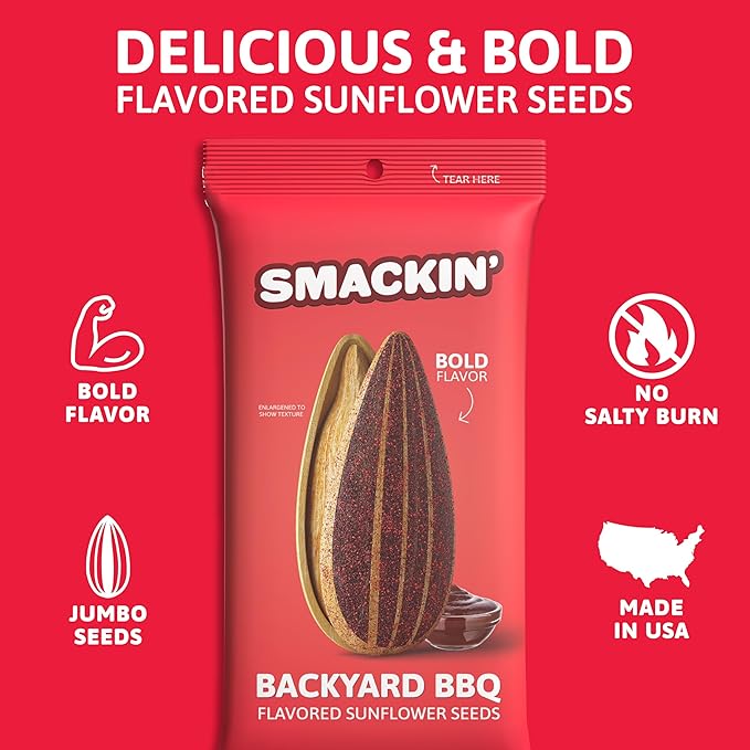 SMACKIN' Sunflower Seeds, Roasted Jumbo Small-Batch, American Made - Backyard BBQ. 1.5oz bags (36 Pack)