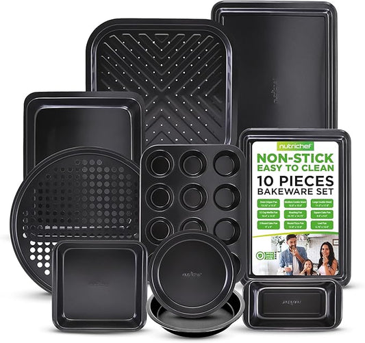 NutriChef 10-Piece Non-Stick Baking Set – Heavy-Duty Carbon Steel Bakeware Set w/ Cookie Sheets, Muffin Pan, Roasting Pan, Cake Pan, Baking Tray, Pizza Pan – Effortless Food Release & Easy Cleanup