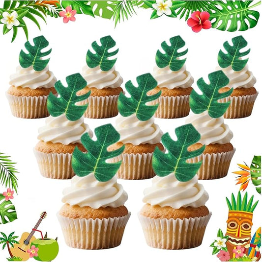 96 Pcs Hawaiian Cake Decorations, Edible Tropical Leaves, Tropical Cupcake Toppers, Mini Palm Leaves Edible Cupcake Toppers for Jungle Hawaii Theme Baby Shower Kids Birthday Party Supplies