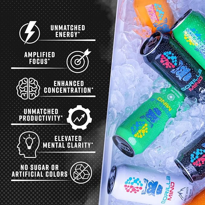 Gorilla Mind Energy Drink | Unmatched Energy · Amplified Focus | N-Acetyl-L-Tyrosine, Alpha-GPC, 200mg Caffeine, Uridine, Saffron | 0 Sugar Or Artificial Colors | 16oz, 12-Pack (Blackberry Lemonade)
