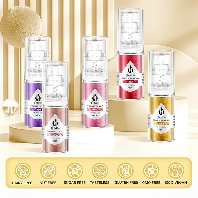 Edible Glitter Spray - Herbeklab 5 Colors Gold Rose Gold Pink Red Purple Edible Spray Glitter Food Grade Metallic Shimmer Powder Cake Sprinkles for Cookie Decorating Chocolate Strawberry, 5g/Bottle