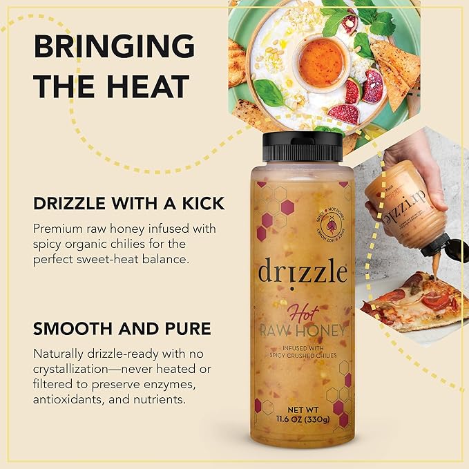 Drizzle Hot Honey - All Natural Raw Spicy Honey Sauce, Infused with Organic Chilies, Unfiltered & Unheated, Versatile Use for Cooking, Certified Kosher, Gluten Free - 11.6 oz (330 g)