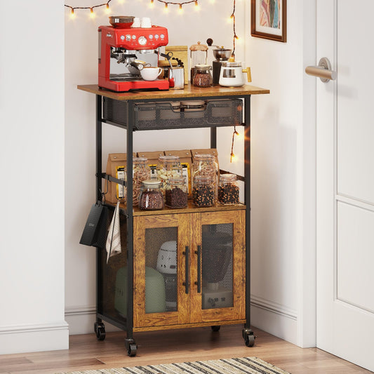 3 Tier Slim Rolling Coffee Cart with 2-Door & Pull-Out Wire Basket Drawer, Coffee Bar Cabinet on