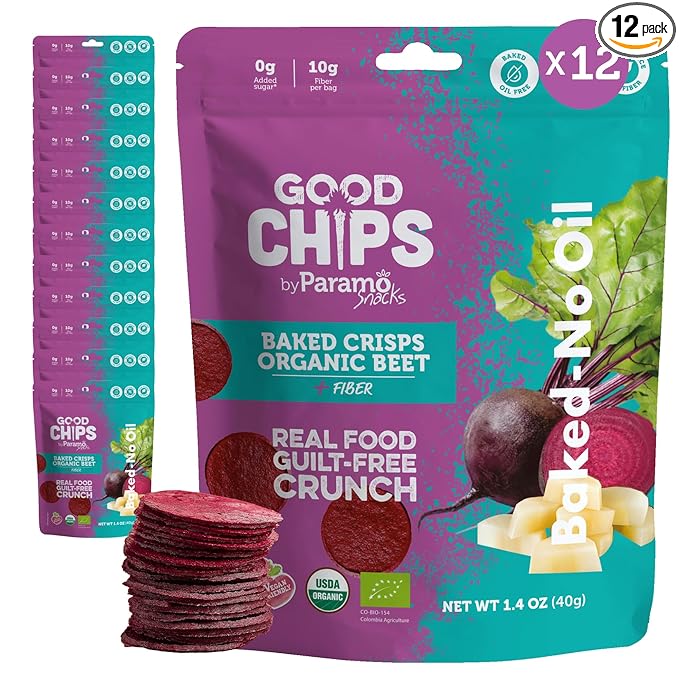 Good Chips Beet & Yacon - Crispy, Baked, No Oil, No Added Salt - Organic, High Fiber, Prebiotic Superfood - Healthy, Vegan Snack - 1.4 oz, Pack of 12