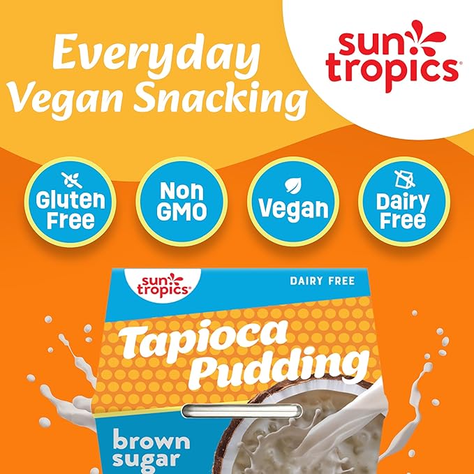 Sun Tropics Tapioca Pudding, Brown Sugar | Vegan Pudding, Dairy Free Pudding | Gluten Free, Low Sugar, Non-GMO | Ready-to-Eat Pudding Cups 4oz (Pack of 12 cups)