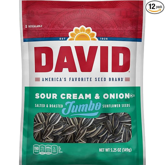 DAVID SEEDS Sour Cream & Onion Jumbo Sunflower Seeds, Keto Friendly, 5.25-oz. Resealable Bag (Pack of 12)