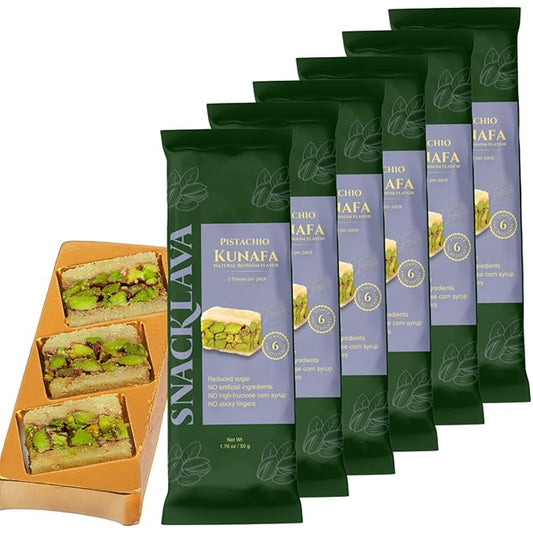 Snacklava Kunafa White Pistachio with Natural Blossom Flavor - 6 Pack (3 Pieces per Pack) - No Artificial Ingredients, Colors or Preservatives