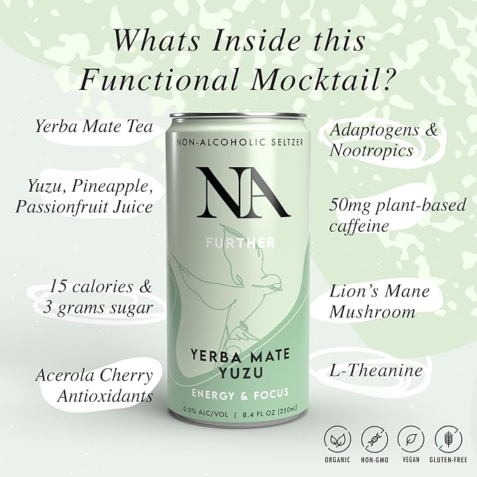 NA Non-Alcoholic Functional Mocktails with Natural Caffeine, Lions Mane Mushroom & L-Theanine for Focus and Energy | Low Sugar, Low Calorie Social Tonic, Yerba Mate Tea and Yuzu, 8.4oz Cans (12 Pack)