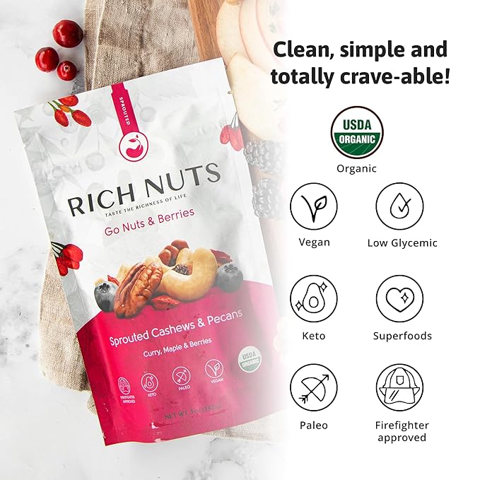 Rich Nuts Go Nuts & Berries Gourmet Sprouted Trail Mix | Includes Cashews, Pecans and Dried Berries | Vegan, Paleo and Keto | Non-Roasted, Dehyrdated, Germinated, Raw and Whole | 5 Oz Bag (2 Pack)