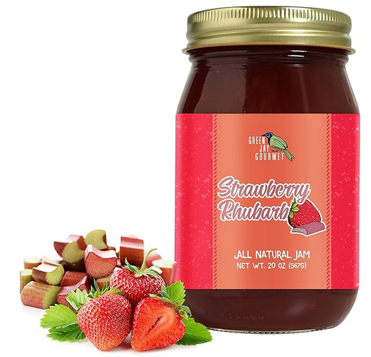 Green Jay Gourmet Strawberry Rhubarb Jam - All-Natural Fruit Jam with Strawberries, Rhubarb & Lemon Juice - Vegan, Gluten-free Strawberry Jam - Contains No Preservatives - Made in USA - 20 Ounces