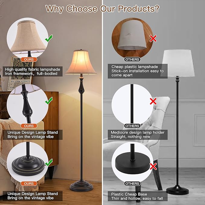 3-Piece Lamp Set (Table & Floor), Black Finish Vintage Brown Fabric Shades for Bedroom