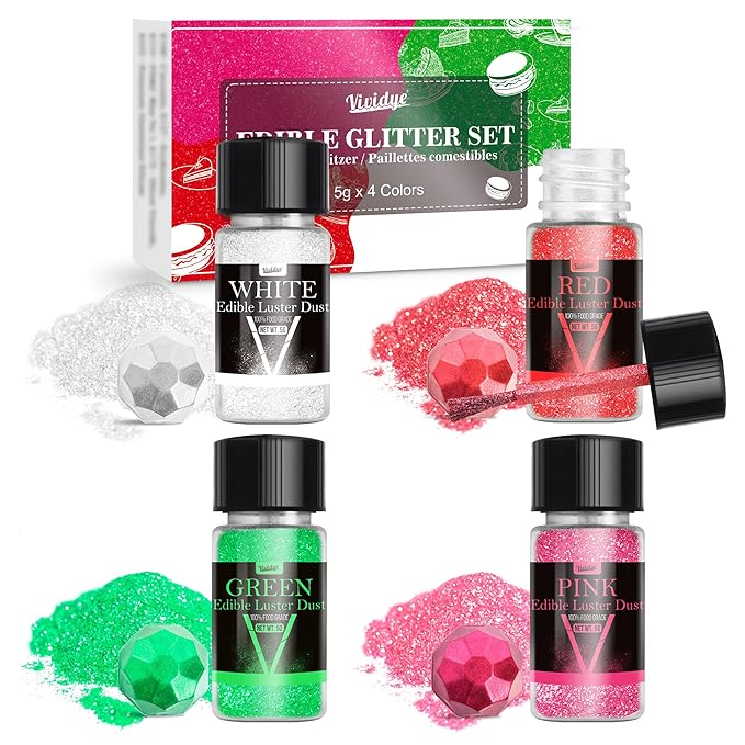Edible Glitter - 4 Colors Luster Dust Edible Set, Food Grade Edible Glitter for Drinks, Cocktails, Cupcakes, Cookies, Candy, Glimmer Sprinkle Powder for Foods, Baking, Beverage, Party (5g/Bottle)